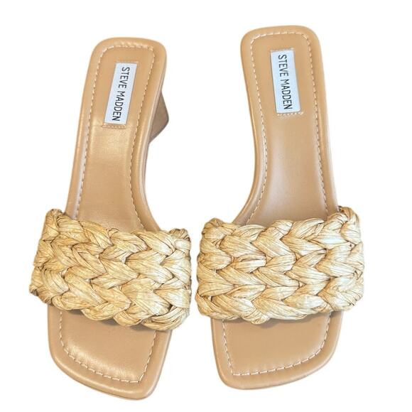 Steve Madden Saged Raffia Braided Block Heel Mule Sandals Size 8-3" Heel - Picture 2 of 7